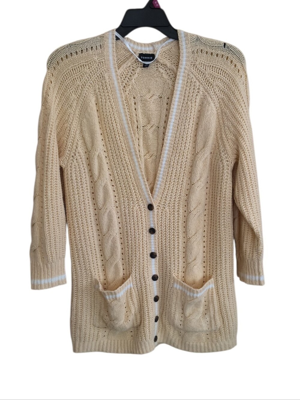 torrid Cream Cable Knit Button-Front Cardigan with White Trim Size 1X